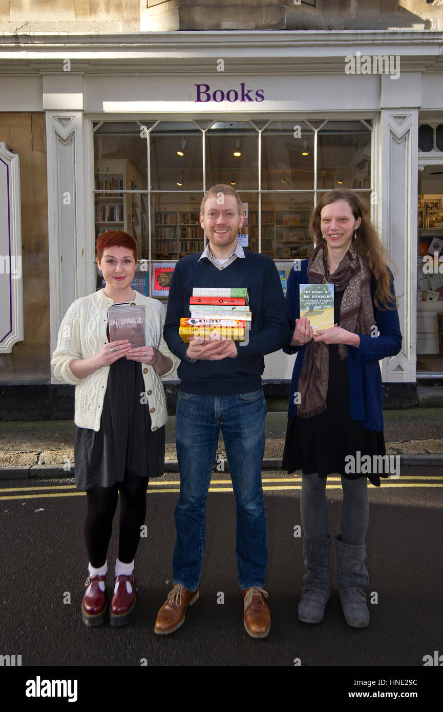 Mr.B's Emporium of Reading Delights, Bath with owner Nic Bottomley and Amy Coles (left) and Betsy Byers. Stock Photo