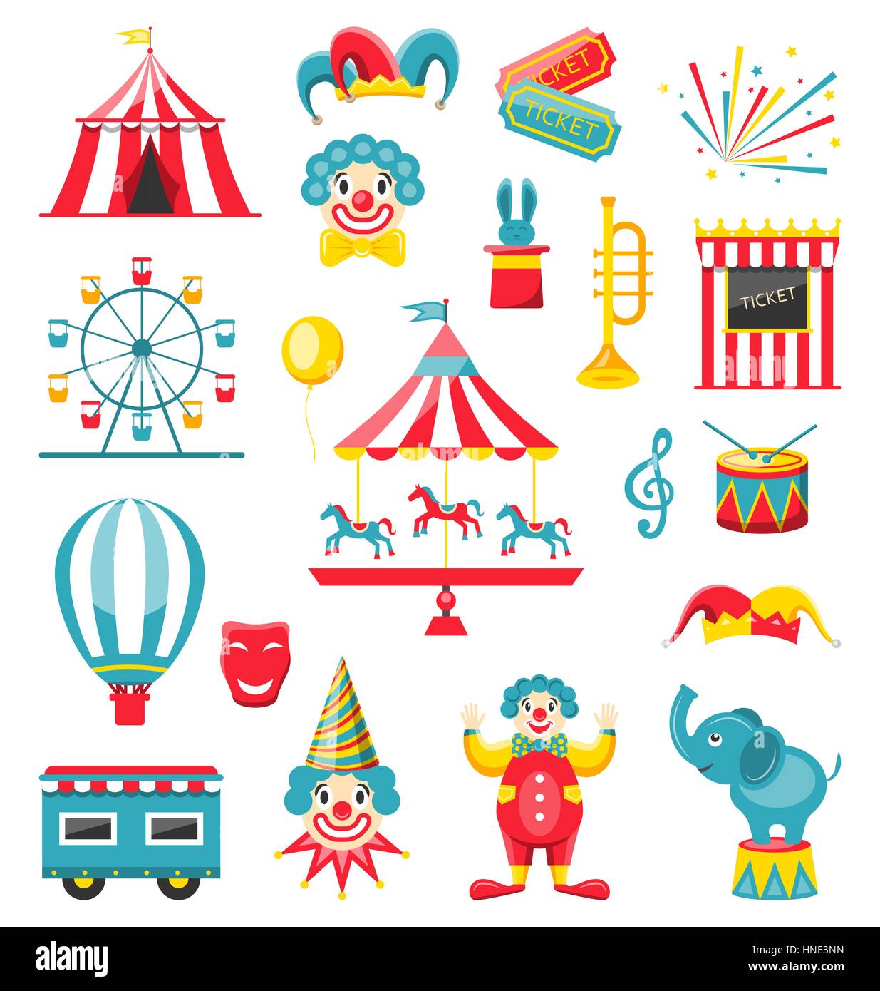 Illustration Circus and Carnival Icons Isolated on White Background - Vector Stock Vector