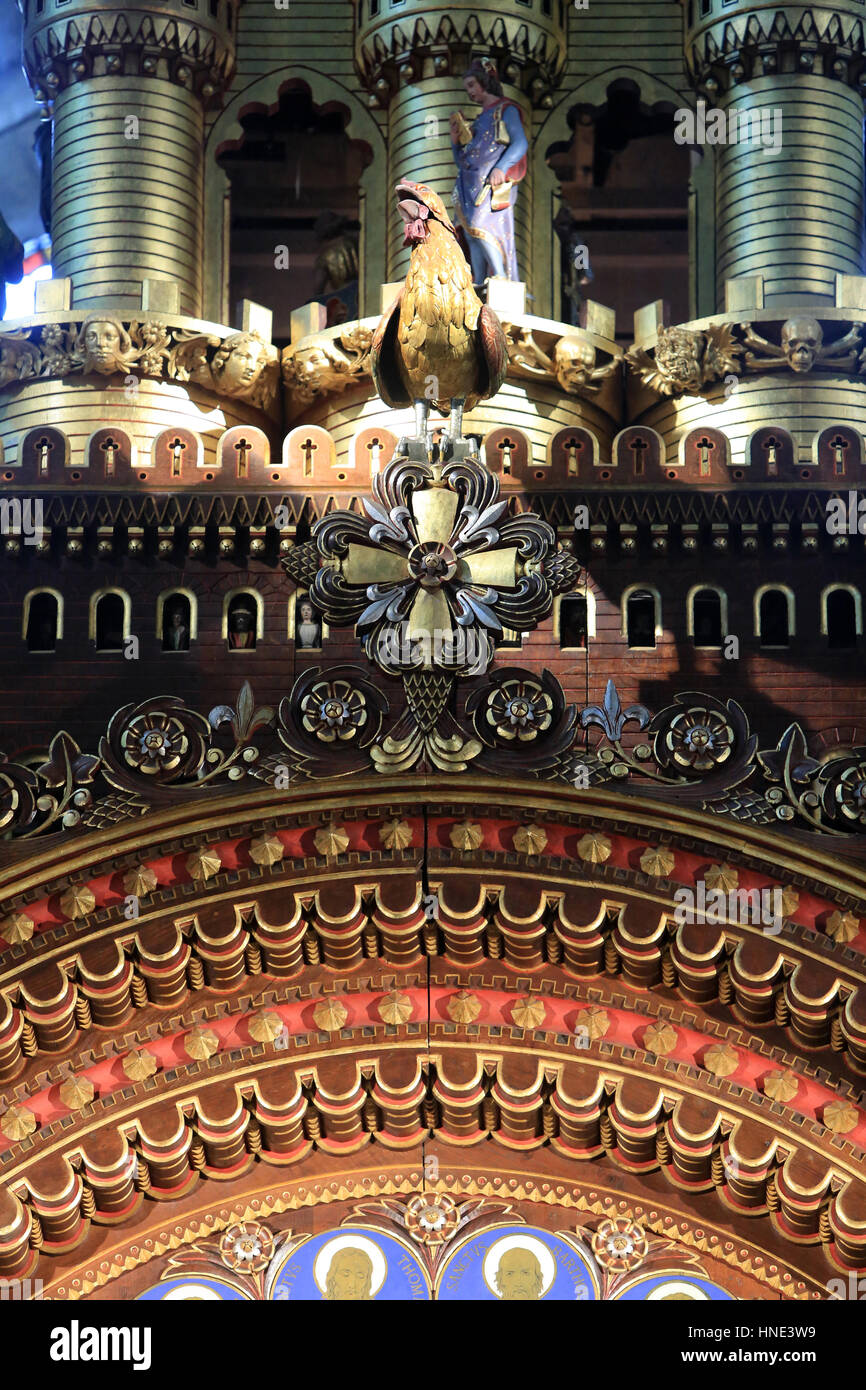 The rooster announcing the Last Judgment. Mr. Vérité's astronomical clock. 1866. Cathedral of Saint-Pierre of Beauvais. Stock Photo