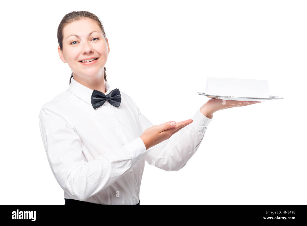 happy 30yearold waitress with a tray