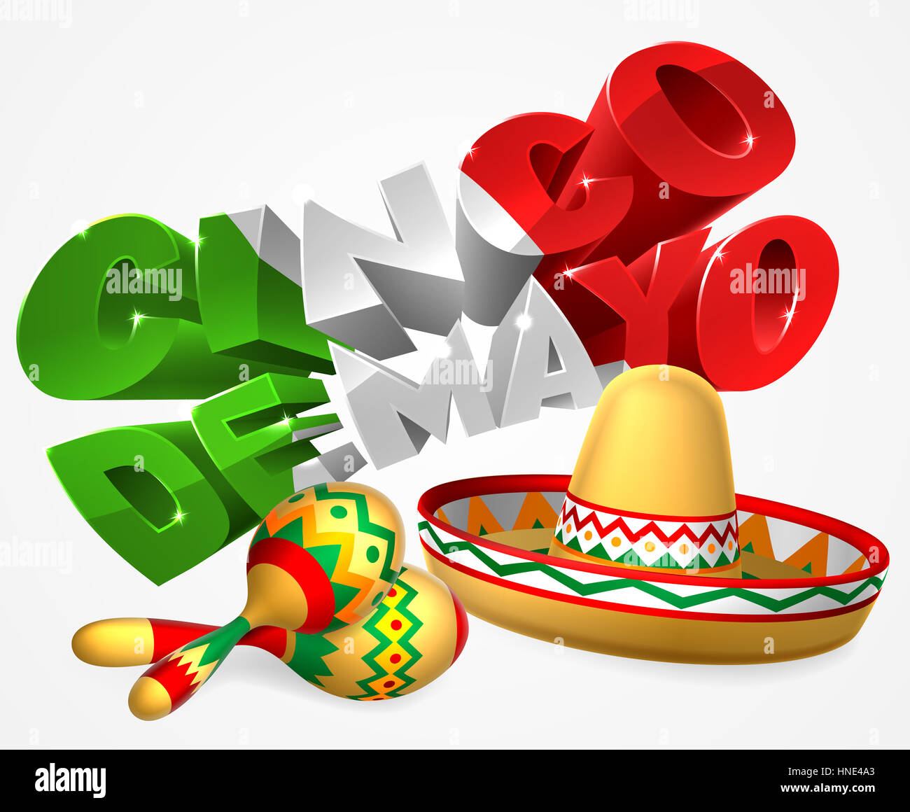 A Mexican Cinco De Mayo label sign decal design with sombrero straw sun hat and maracas shakers Stock Photo