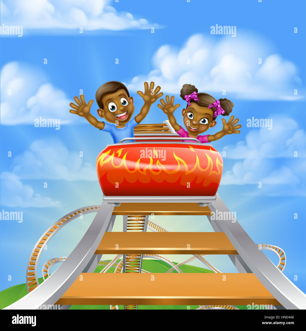 Cartoon children riding on a roller coaster ride at a theme park or amusement park Stock Photo