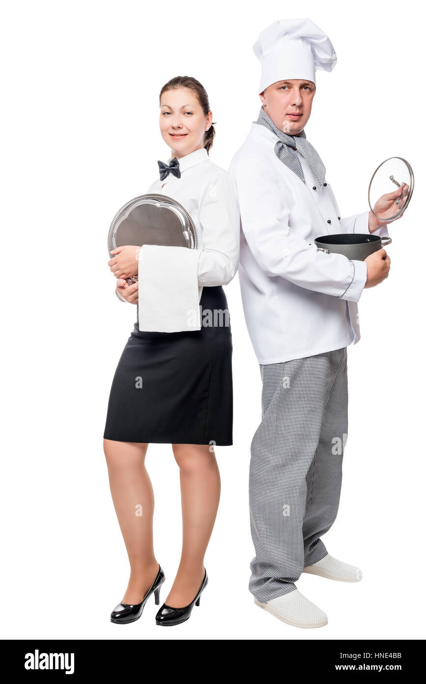 Team waiter and chef portrait on white background Stock Photo