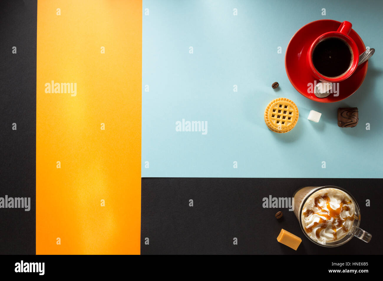 cup of coffee and tea at colorful background Stock Photo Alamy