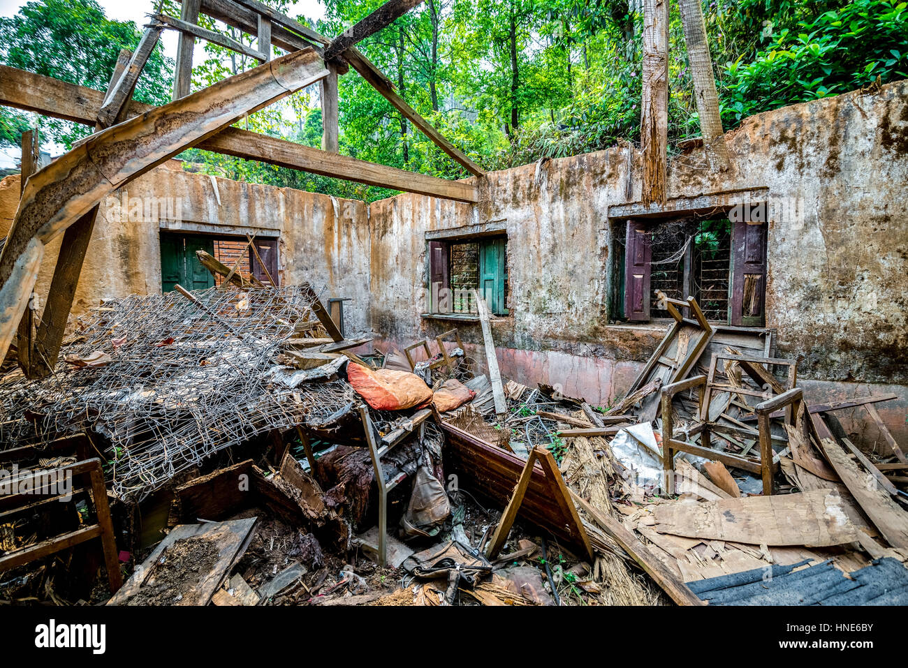 Ruins and debrises of a classroom belong to local school damaged by the 2015 earthquakes in Kavrepalanchok district, Nepal. Stock Photo