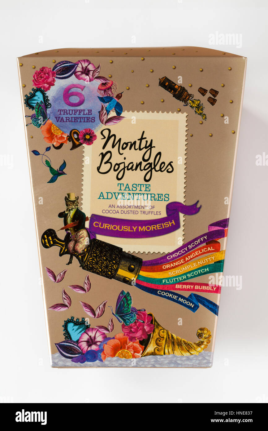 Box of Monty Bojangles Taste Adventures an assortment of cocoa dusted truffles curiously moreish with 6 truffle varieties isolated on white background Stock Photo