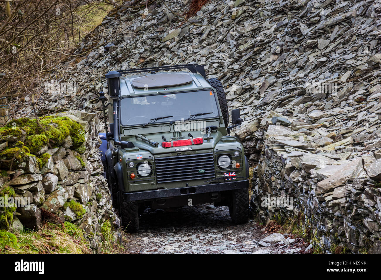Land Rover on green lane in Little Langdale, Lake District, Cumbria Stock Photo