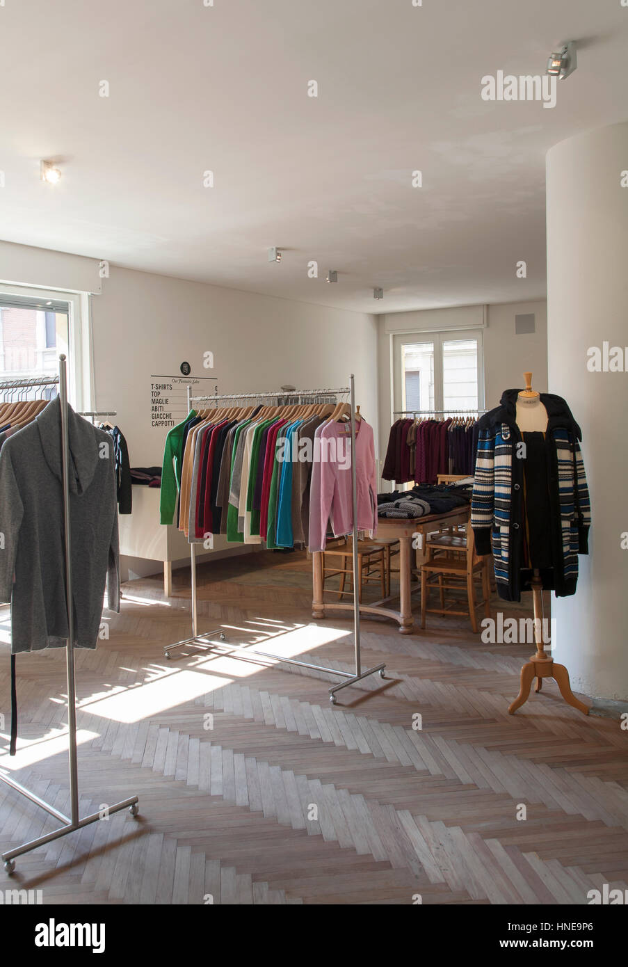 Interior of a small commercial storage room of a clothing store for women Stock Photo