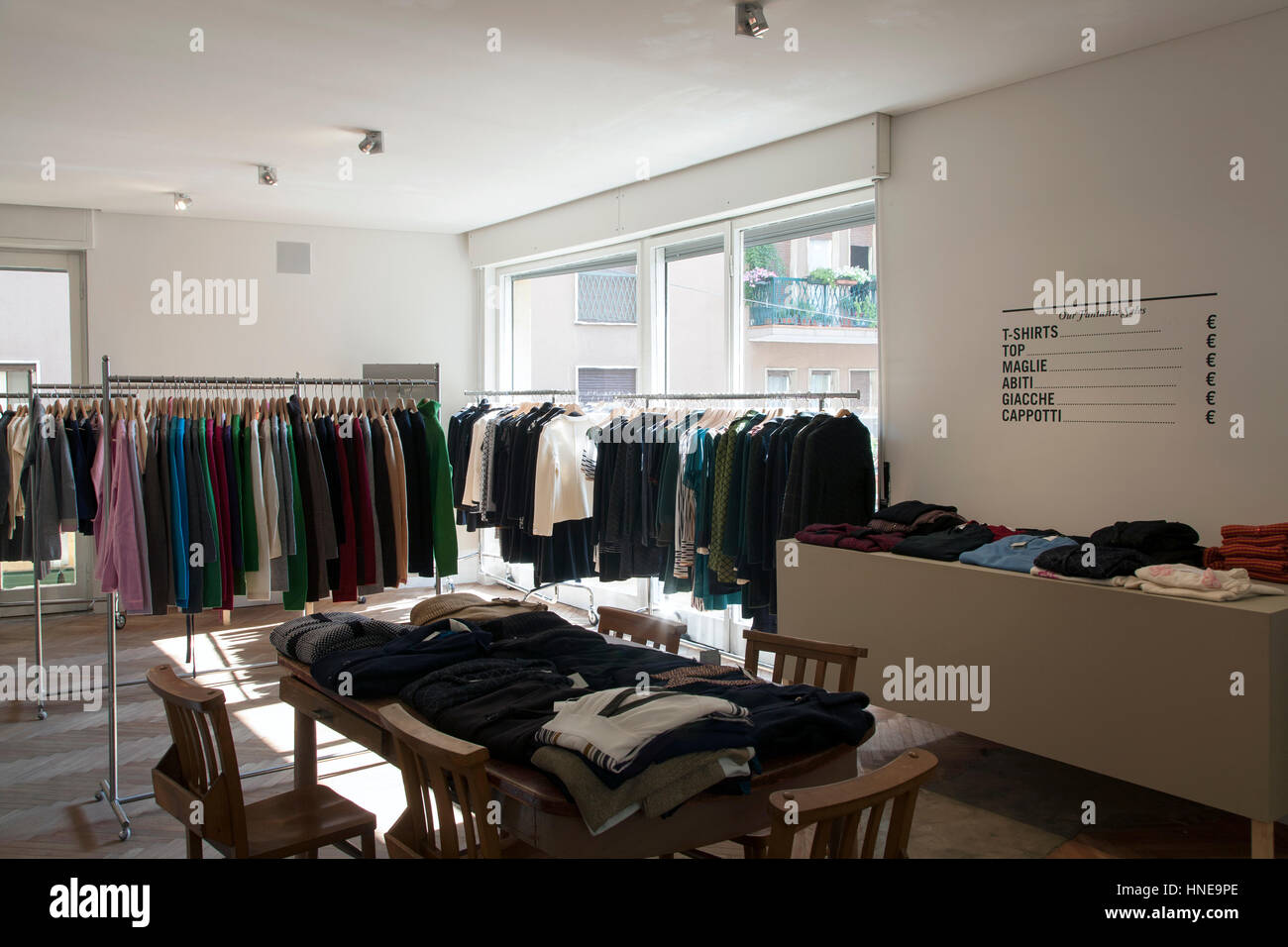 Interior of a small commercial storage room of a clothing store for women Stock Photo