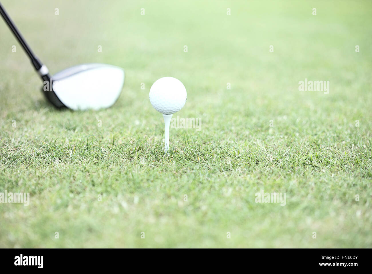 Close-up of golf club and tee with ball on grass Stock Photo