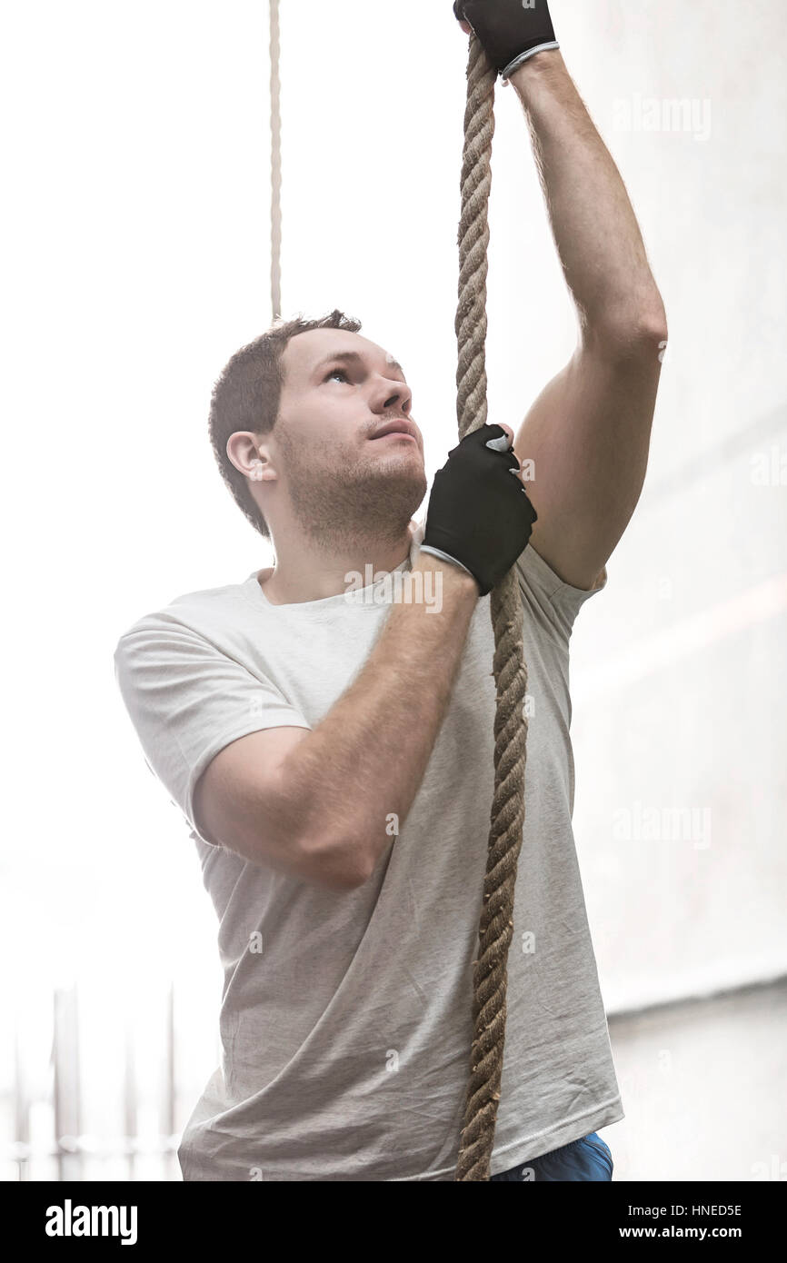 Determined man climbing rope in crossfit gym Stock Photo