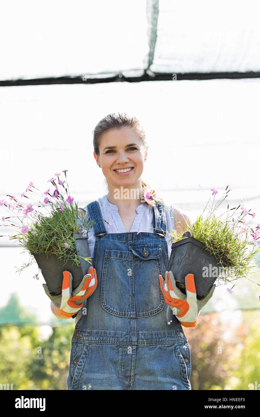 Portrait of happy female gardener holding potted plants at greenhouse ...