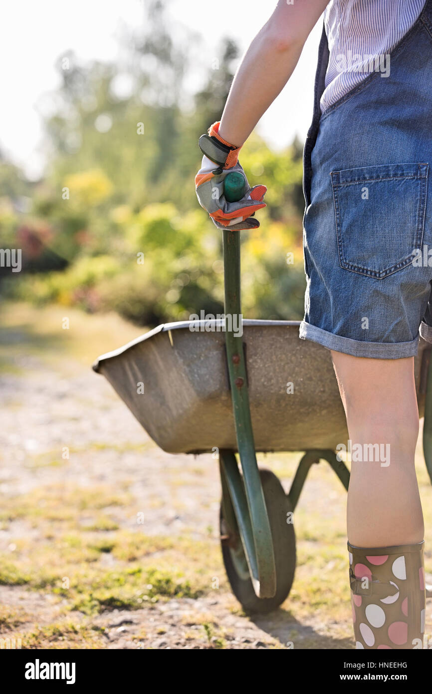 Midsection rear view of female gardener pushing wheelbarrow at plant ...