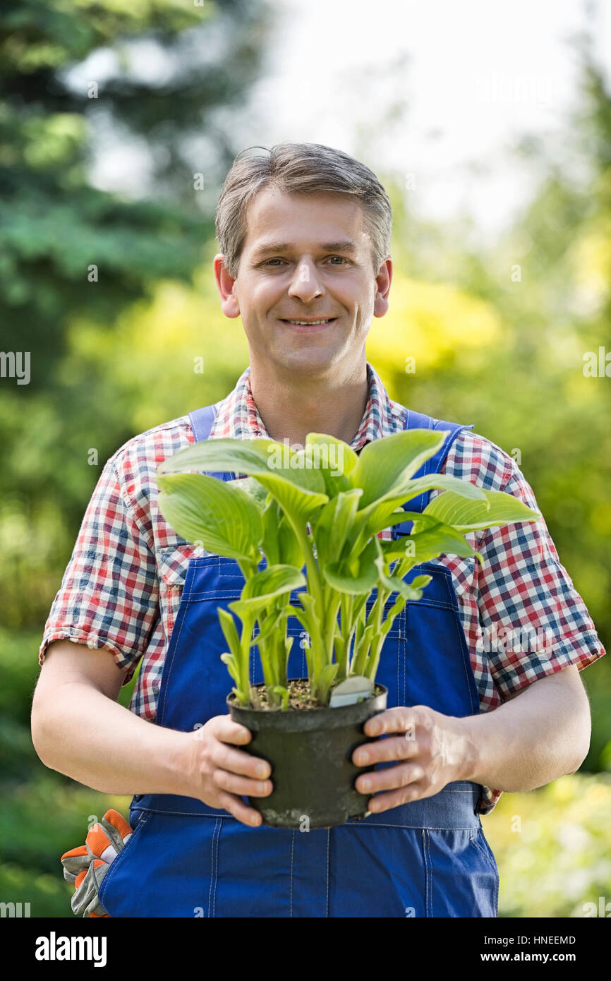 Portrait of happy gardener holding potted plant at nursery Stock Photo