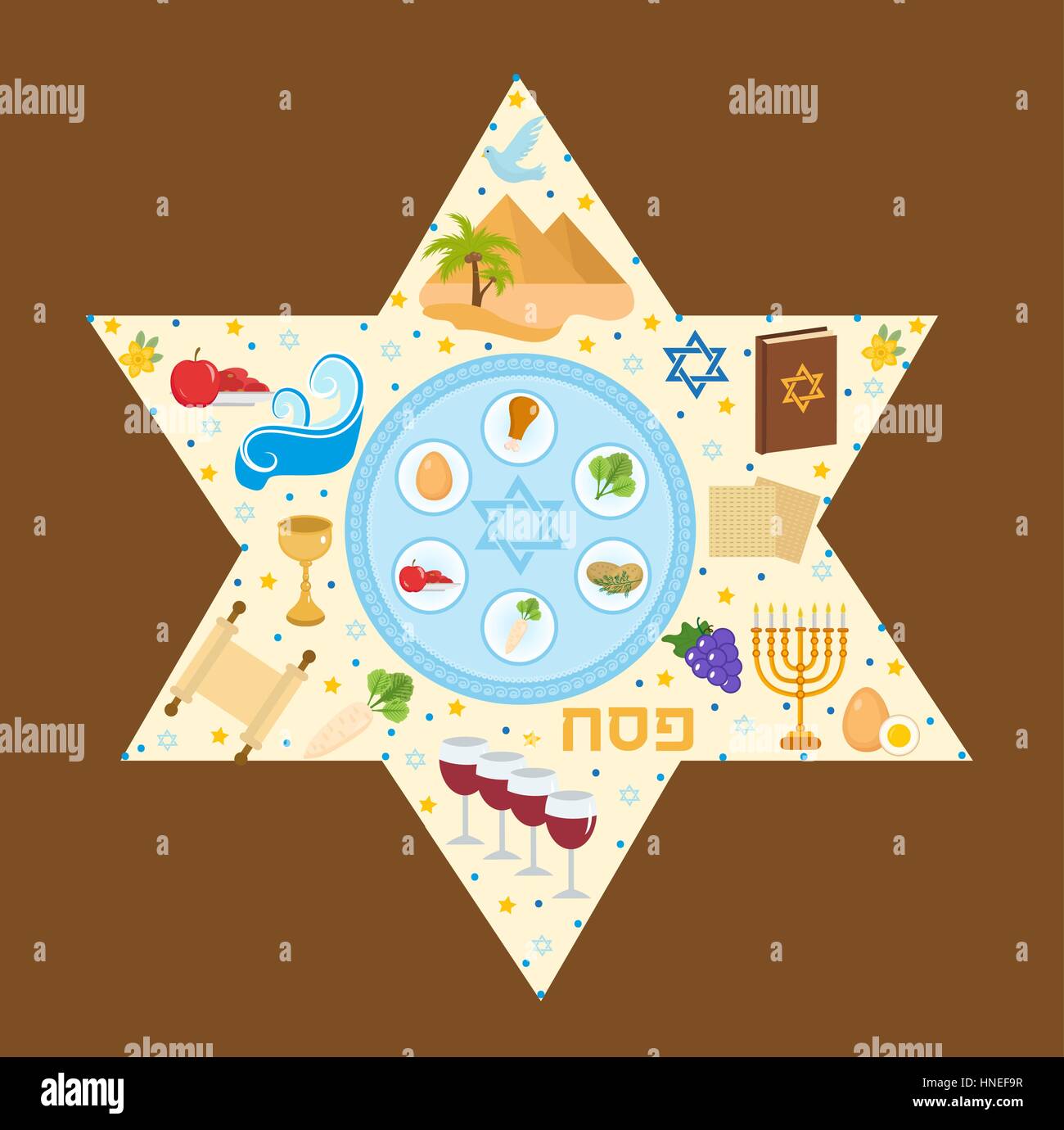 Happy Passover greeting card with torus, menorah, wine, matzoh, seder. Holiday Jewish exodus from Egypt. Pesach template for your design. Vector illustration. Stock Vector