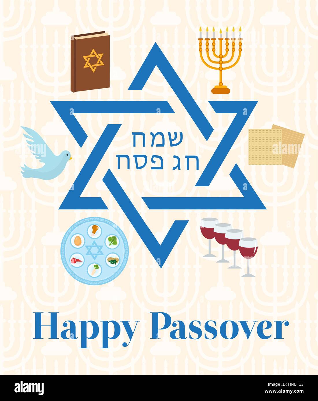 Happy Passover greeting card with torus, menorah, wine, matzoh, seder. Holiday Jewish exodus from Egypt. Pesach template for your design. Vector illustration. Stock Vector