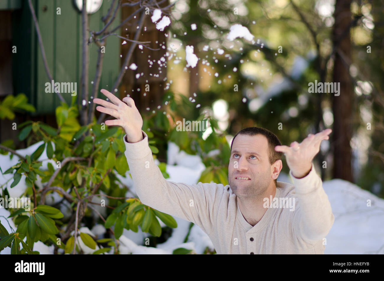 Adult man playing in the snow throwing the snow up in the air. Stock Photo