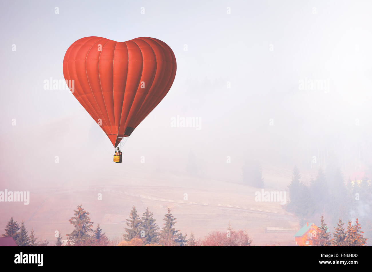 d air balloon in the shape of a heart flying in foggy forest Stock Photo