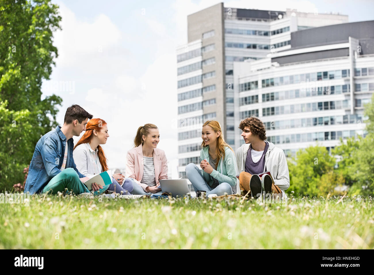 University students studying together on campus ground Stock Photo