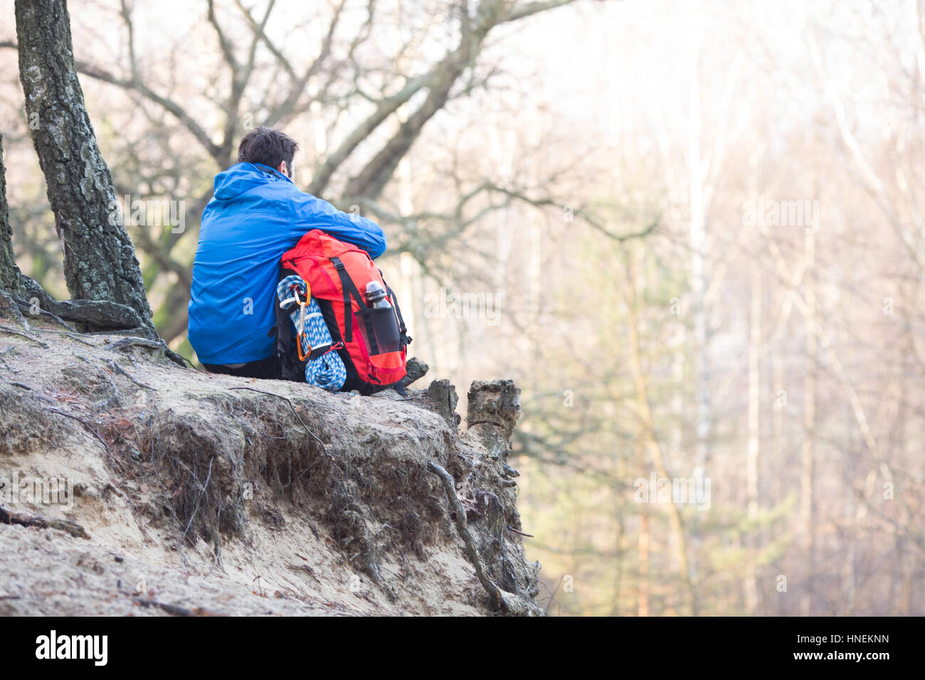 Rear view of hiker with backpack sitting on edge of cliff in forest ...