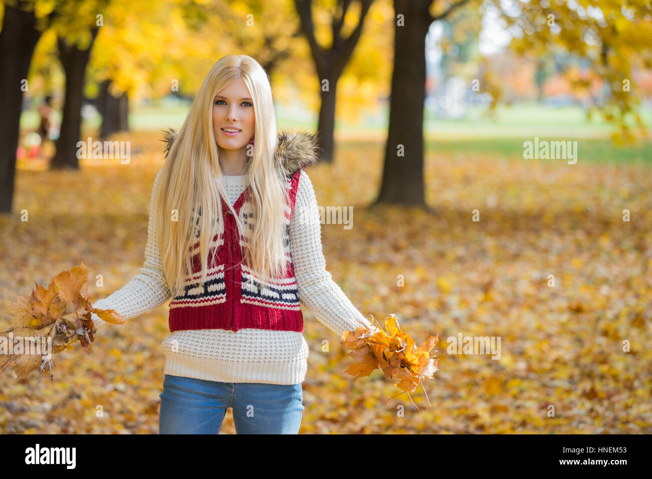 Portrait of beautiful young woman holding autumn leaves in park Stock ...