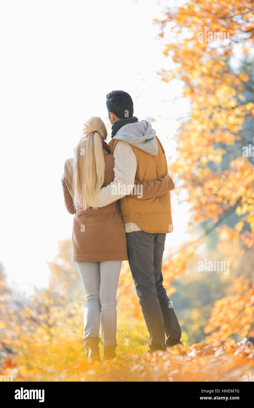 Rear view of couple looking at view in park during autumn Stock Photo ...