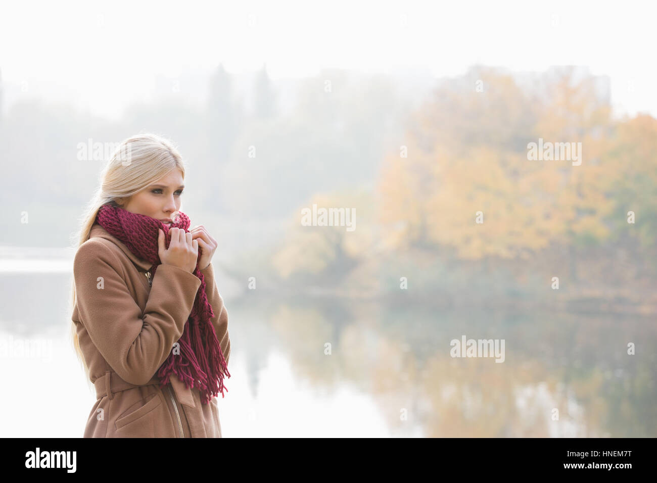 Thoughtful young woman wearing muffler at lakeside in park Stock Photo