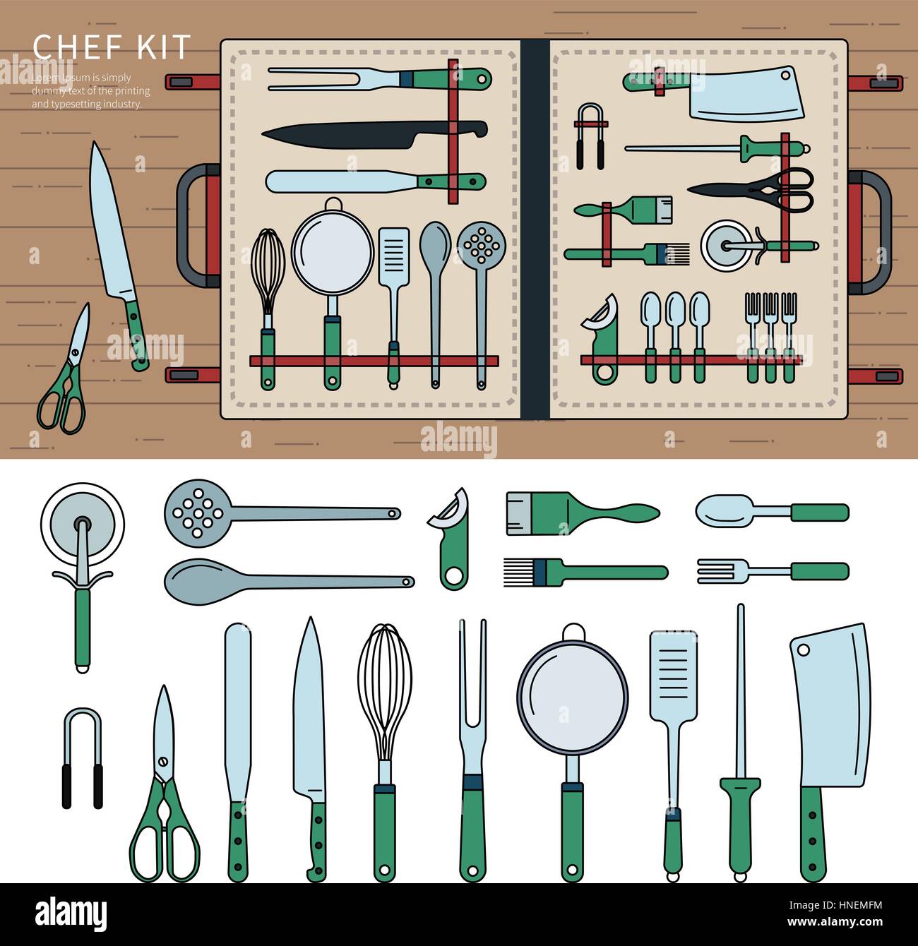 Thin line flat design of cooking utensils kit. Knives and scissors in