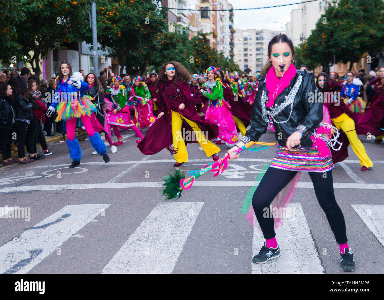 Badajoz, Spain, saturday. February.11. 2017 Participants in colorful costumes take part in the marimanta parade Stock Photo