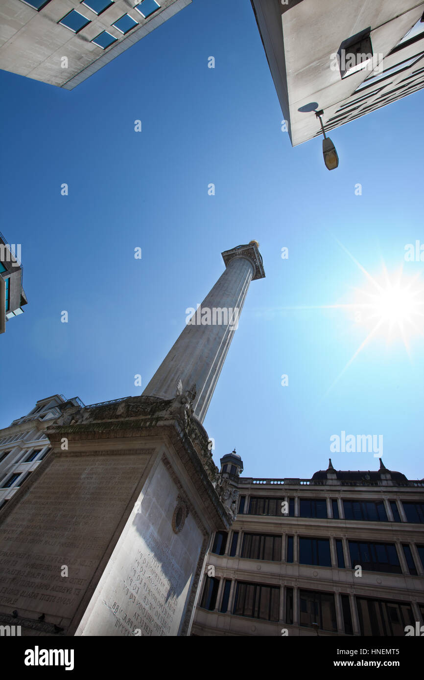 View from below of Monument, London, UK Stock Photo