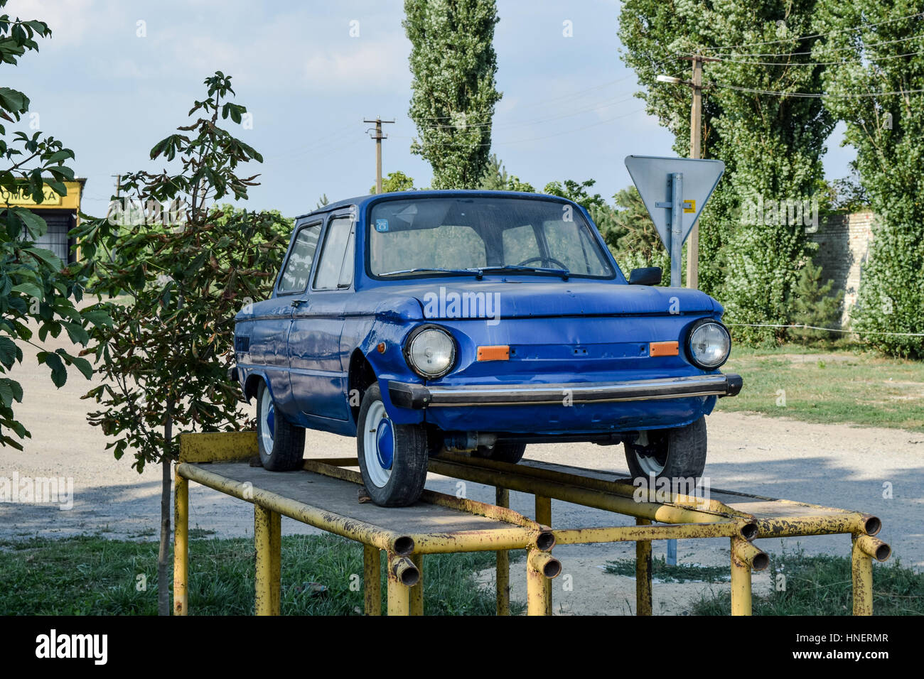 Poltavskaya village, Russia - July 28, 2015: Old car Zaporozhets. Restored vintage car. The legacy of the Soviet era. Stock Photo
