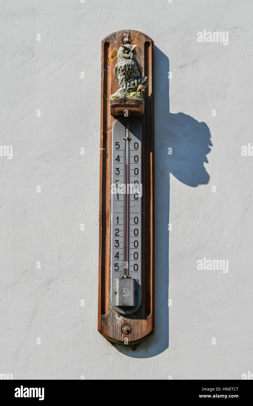 Wall thermometer. A device for measuring the ambient air temperature.  Ornament of the owl, decoration appliance thermometer Stock Photo - Alamy