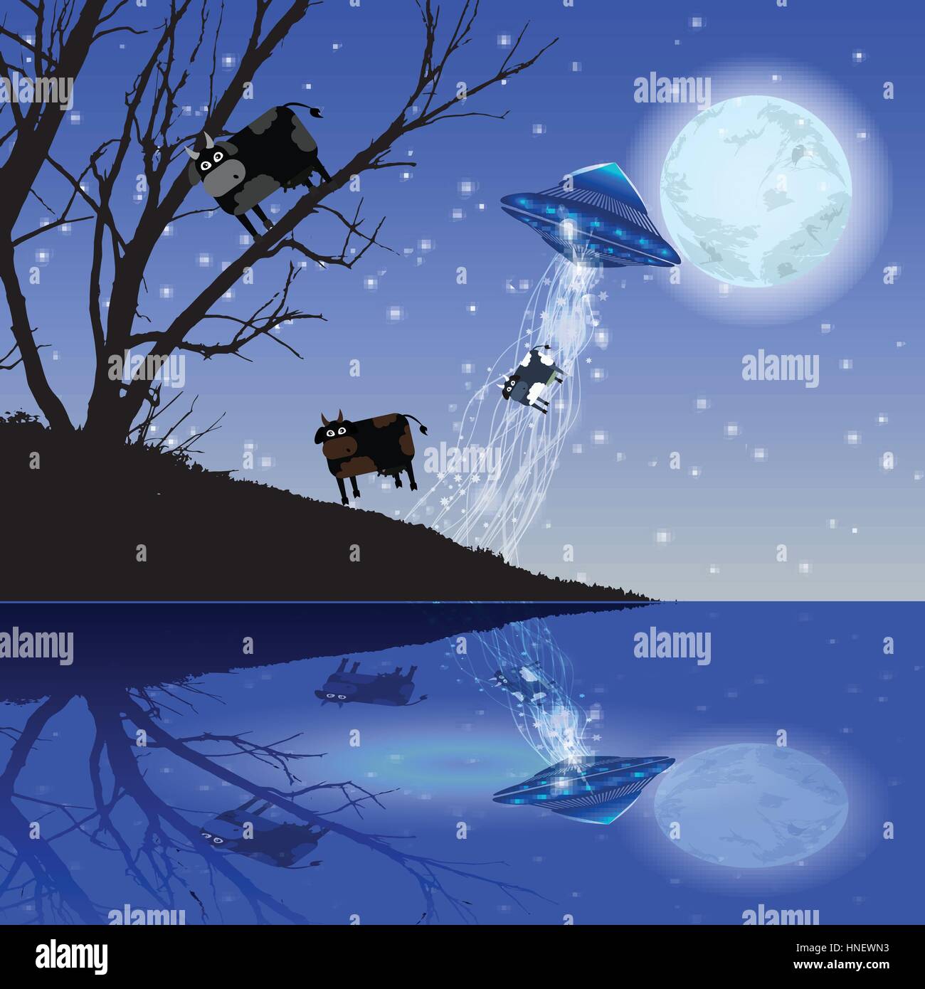 Cow Abduction Ufo Night Moon Illustration Use Wallpaper For The
