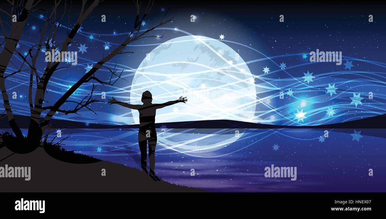 Moon on the night sky. man hands stretch magic silhouette of the sea water. Illustration. Use wallpaper for, the website, smart phone, tablet PC, prin Stock Vector