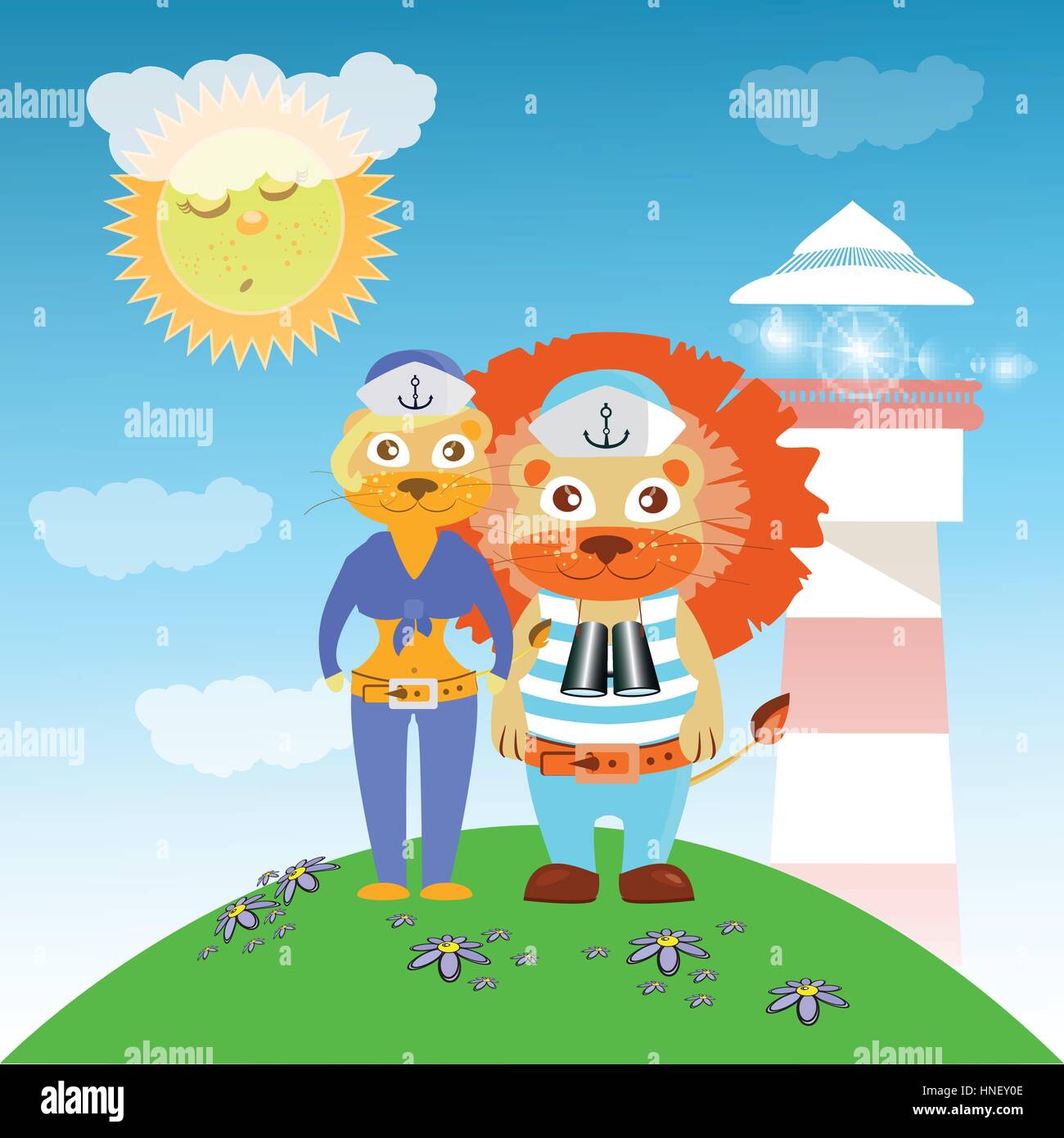 lion and lioness sailors from the lighthouse. children s illustration. is used to print, website, smartphone, design, textiles, ceramics, fabrics, pri Stock Vector