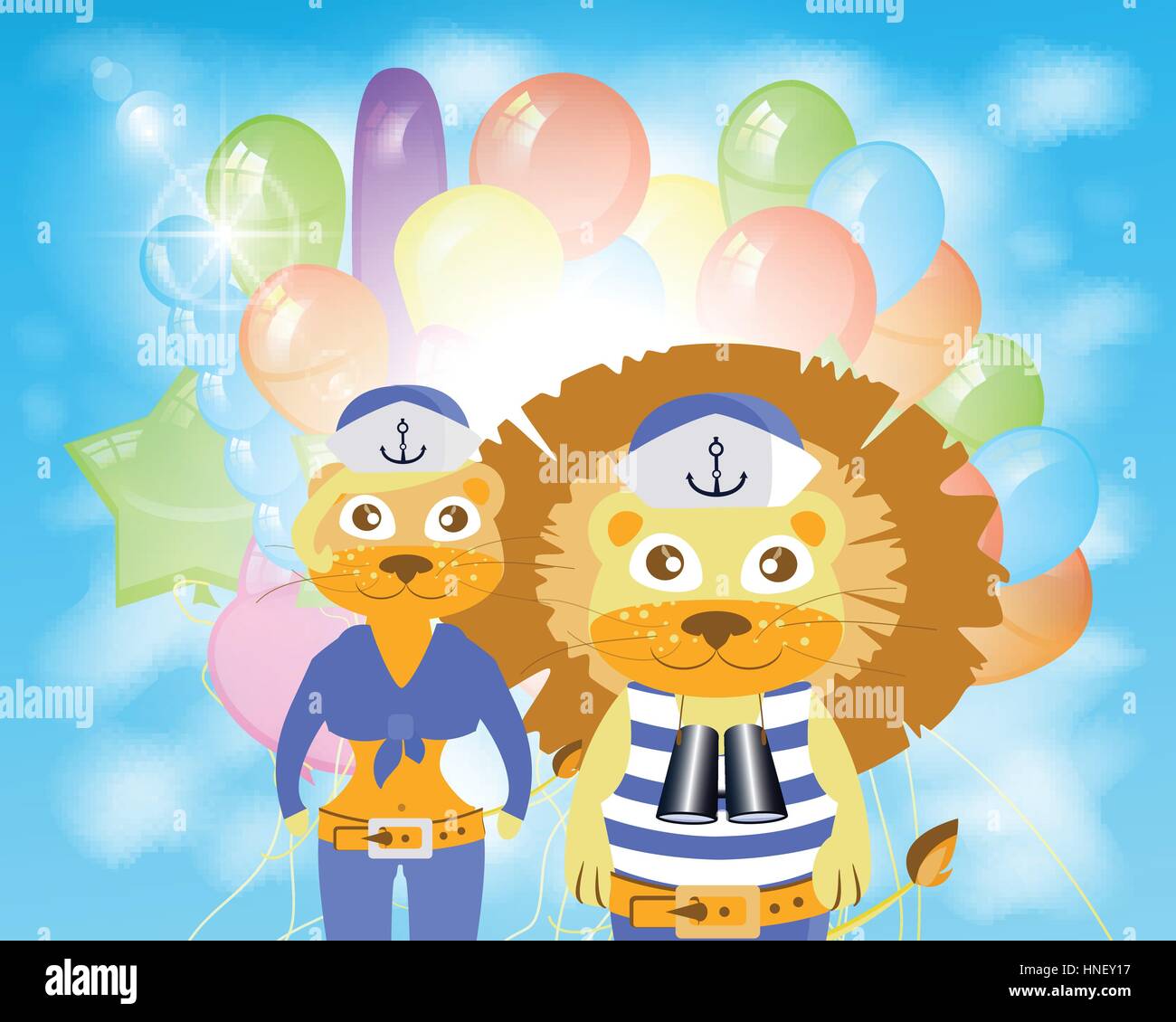 lion and lioness sailors with balloons. children s illustration. is used to print, website, smartphone, design, textiles, ceramics, fabrics, prints po Stock Vector