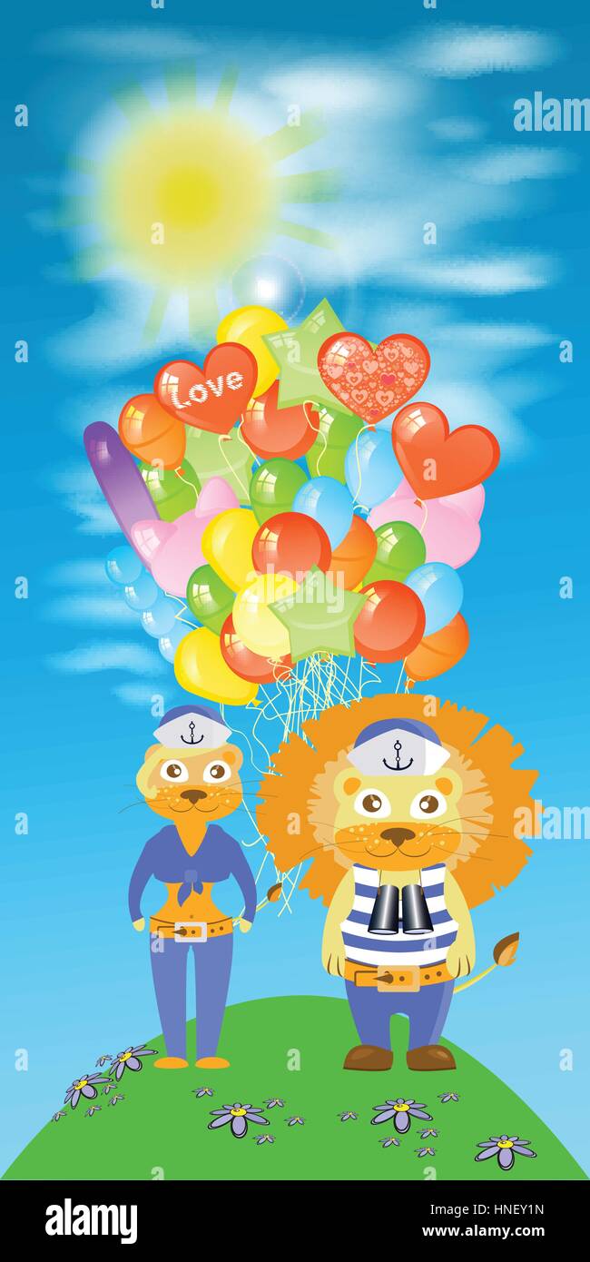 lion and lioness sailors with balloons on the sky background. children s illustration. is used to print, website, smartphone, design, textiles, cerami Stock Vector