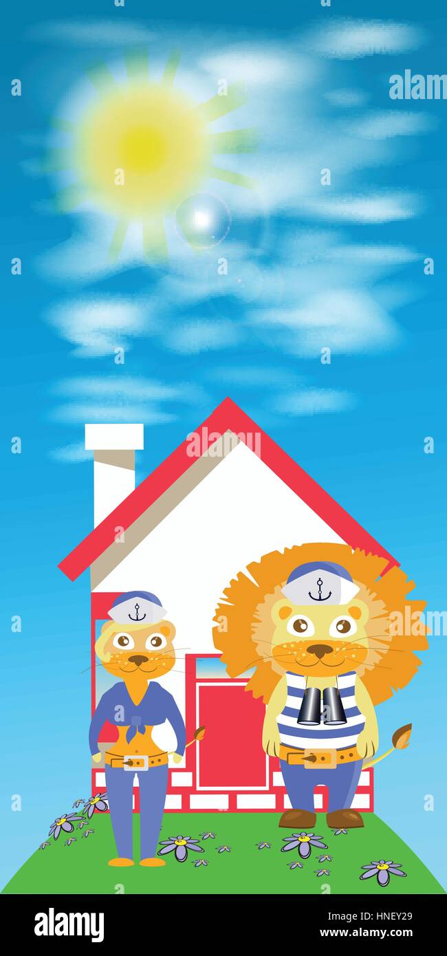 lion and lioness sailors at home. children s illustration. is used to print, website, smartphone, design, textiles, ceramics, fabrics, prints postcard Stock Vector