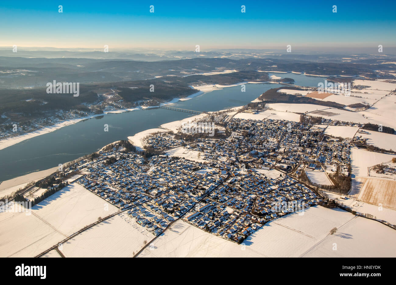 Snowy landscape, Stockum in winter, Möhnesee, Sauerland, North Rhine-Westphalia, Germany Stock Photo