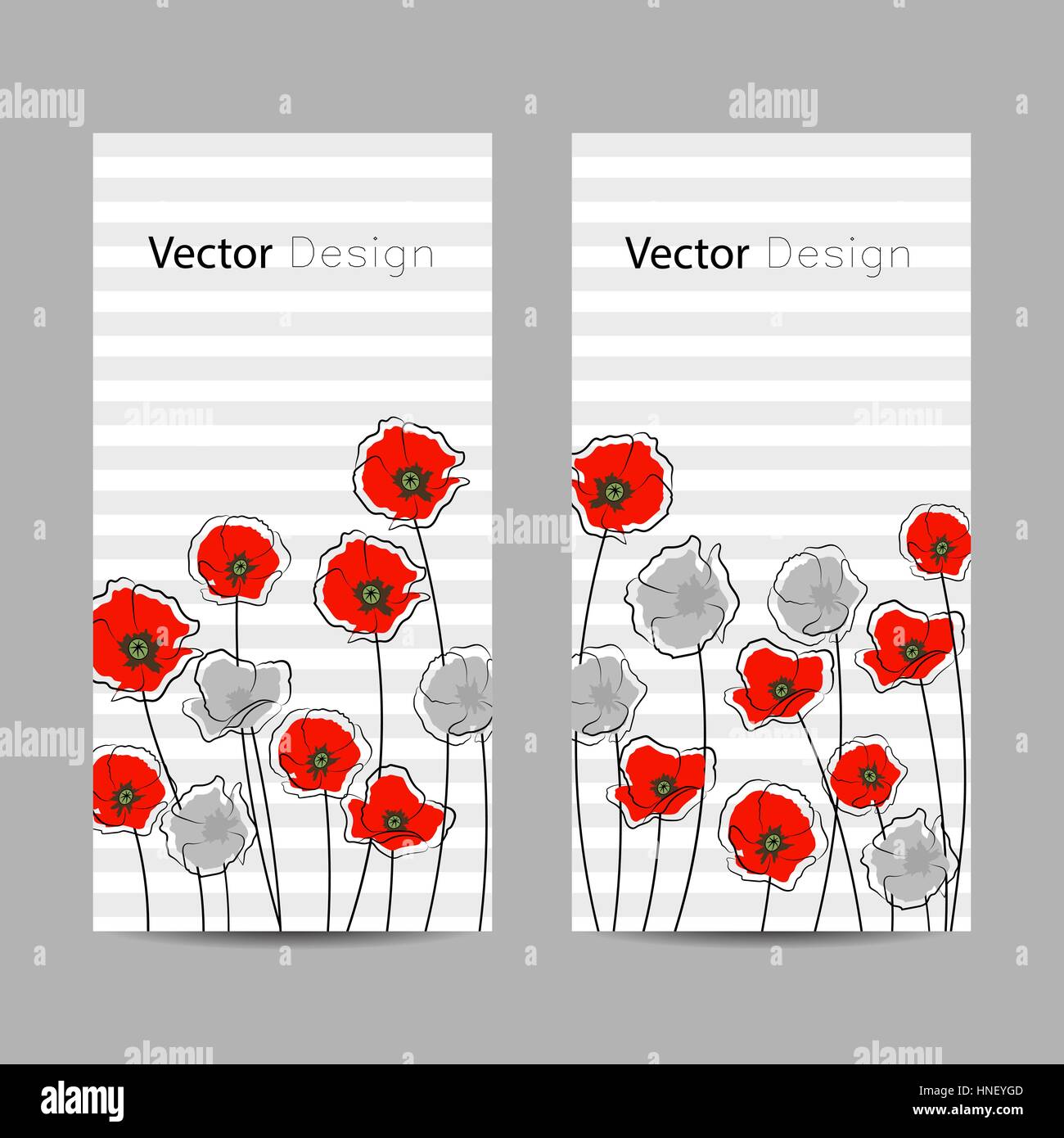 Set of vertical banners. Abstract red and gray poppy flowers on striped ...