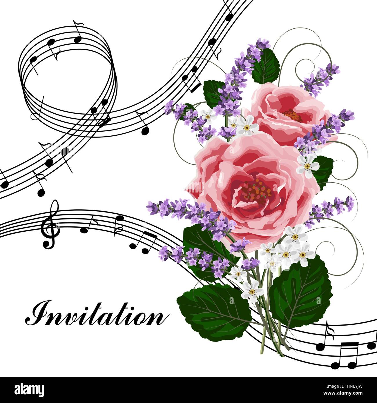 Vector illustration with music notes and rose flowers isolated on white