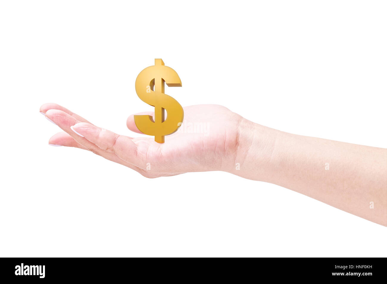 a female's hand cradling a 3D dollar sign, isolated on white background. Stock Photo