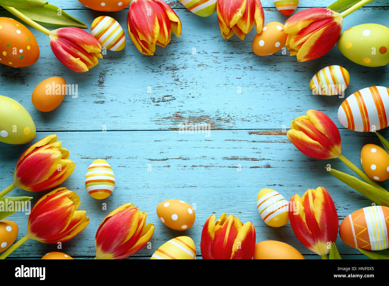 Easter eggs with tulip flower on rustic wooden background Stock Photo ...