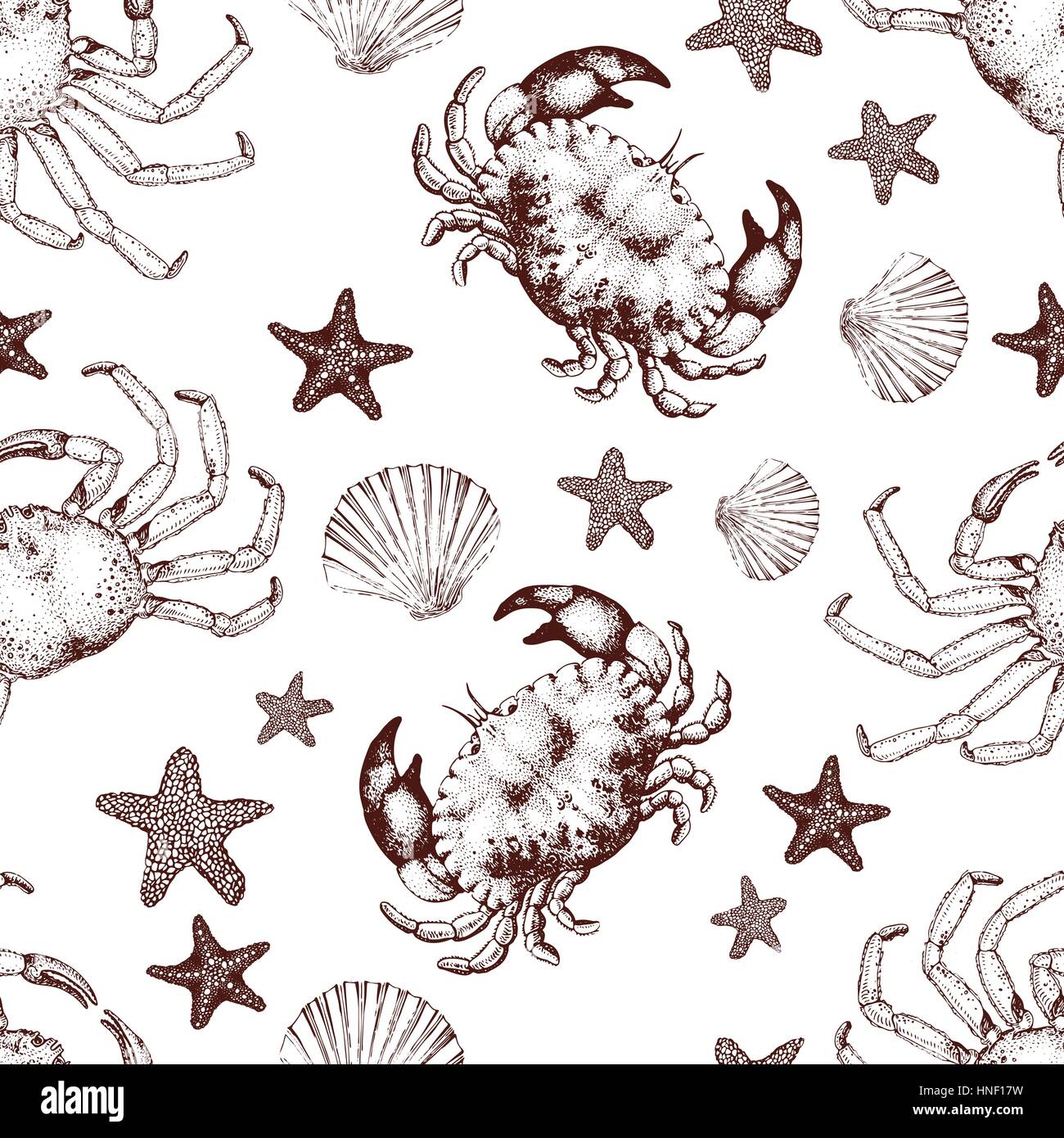 Vector seafood seamless pattern with crabs. Retro hand drawn lillustration. Stock Vector