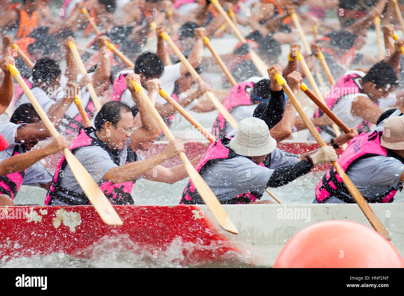 SINGAPORE- NOVEMBER 21: Teams of men in Dragon boats paddle vigorously in a  race in the downtown area of Singapore on 21st November 2004. Dragon Boat Stock Photo