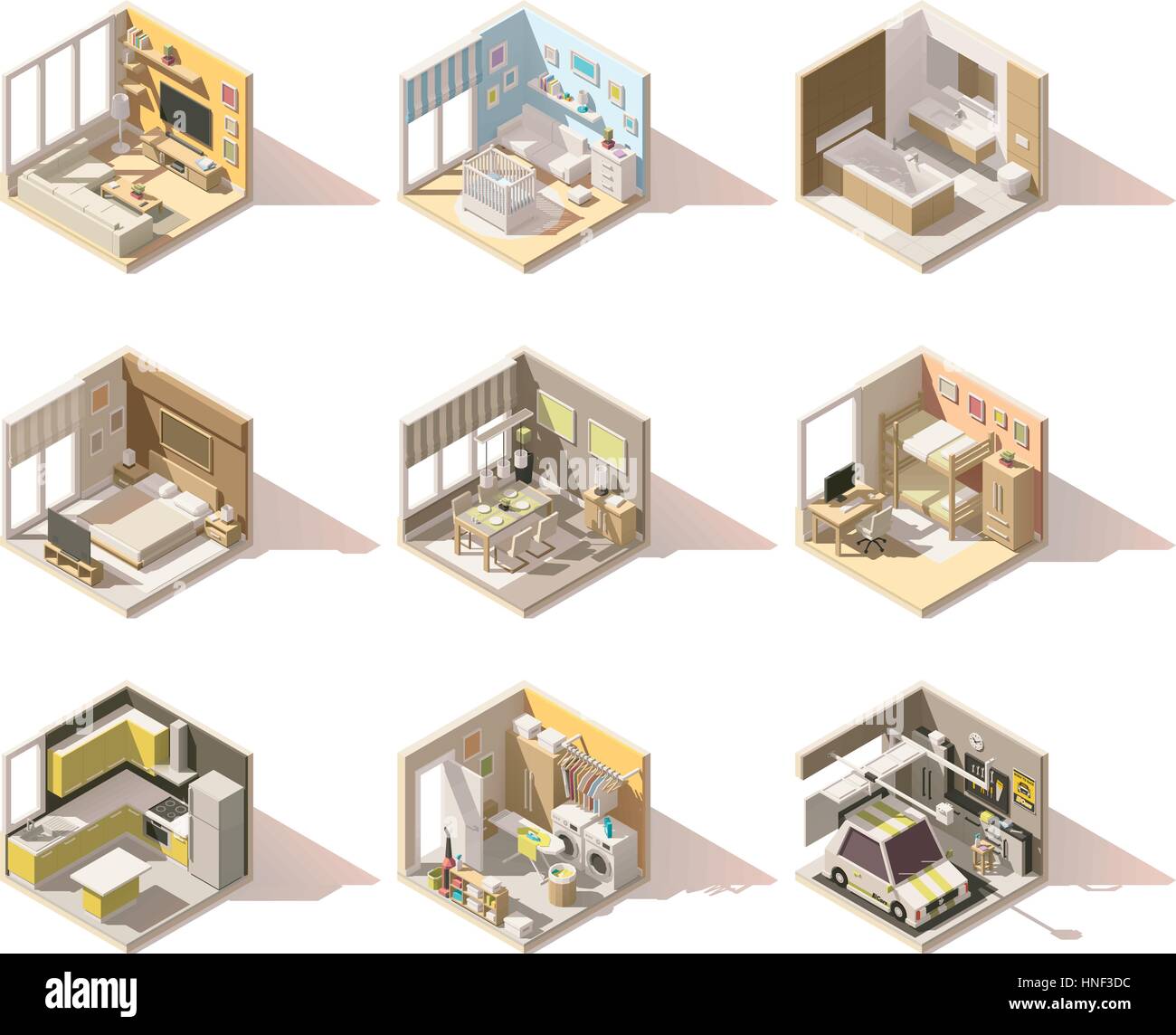 Vector isometric low poly home rooms set Stock Vector