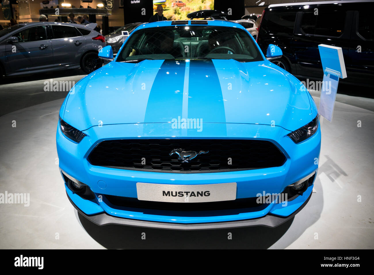 BRUSSELS - JAN 19, 2017: Blue Ford Mustang car on display at the Motor Show Brussels Stock Photo