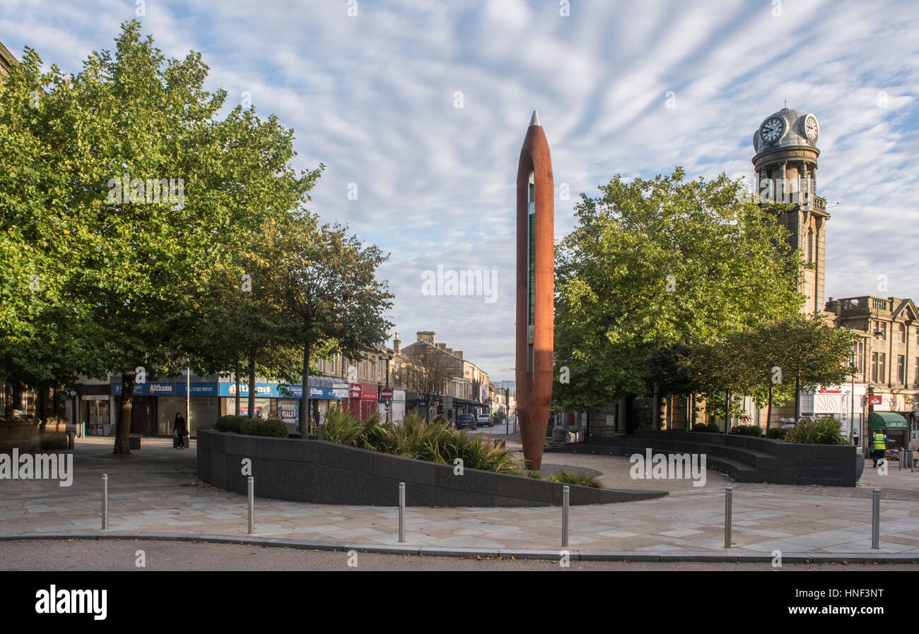 Weaving shuttle monument, Nelson, Lancashire, commemorating the town's cotton weaving past Stock Photo