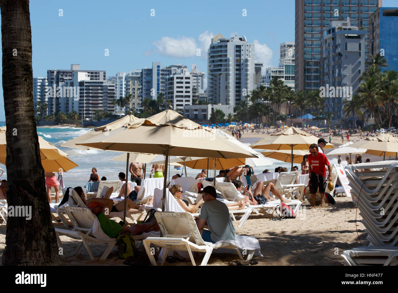 Crowded beach, Condado, San Juan, Puerto Rico Stock Photo