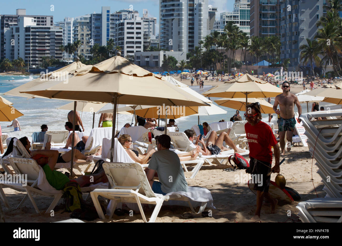 Crowded beach, Condado, San Juan, Puerto Rico Stock Photo